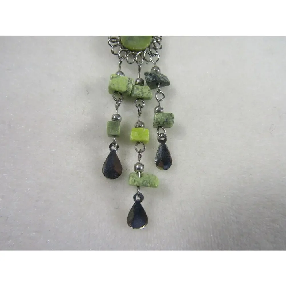 Green Marble Silver Tone Tear‎ Drop Statement Bead Neckalace Boho Cottagecore